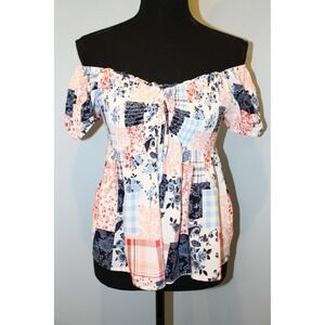 Y2K Babydoll TOP Red Blue  On/ Off‎ Shoulder Shirt  Peasant RODEO small bust 34